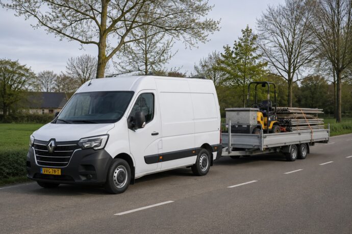 Bedrijfswagen met aanhanger voor het vervoeren van materieel