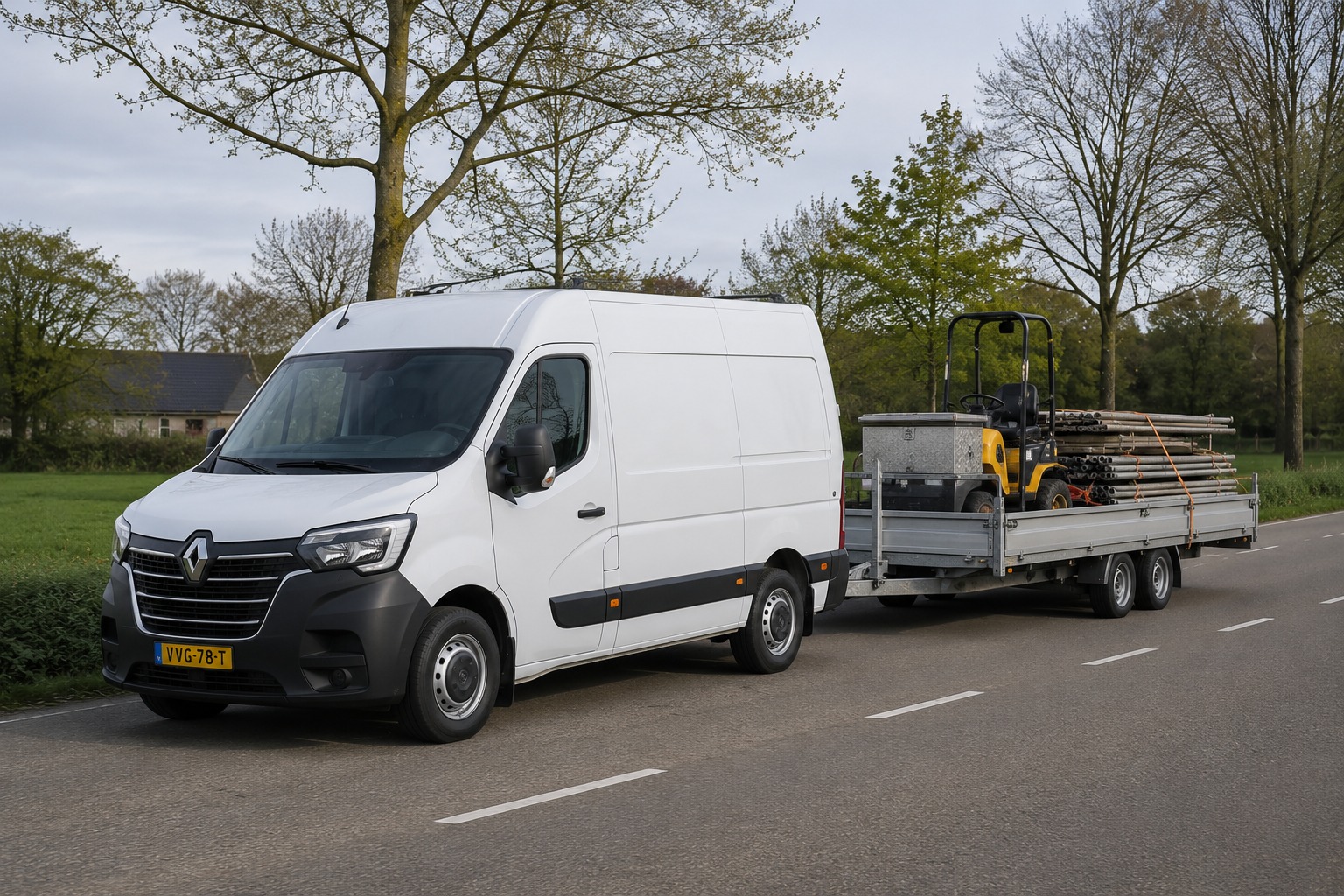 Bedrijfswagen met aanhanger voor het vervoeren van materieel
