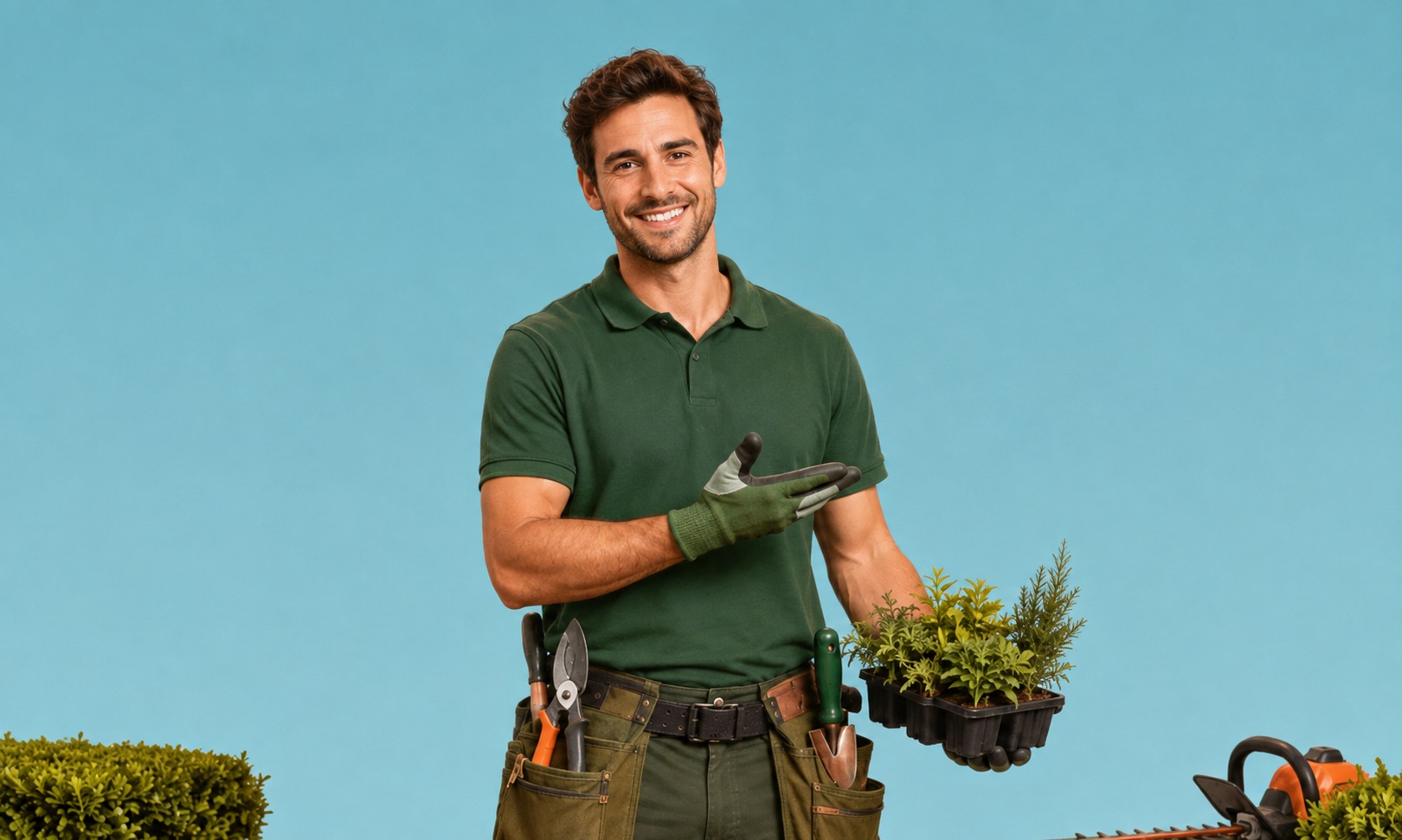 Hovenier met planten en tuingereedschap voor dagelijks groen- en hovenierswerk