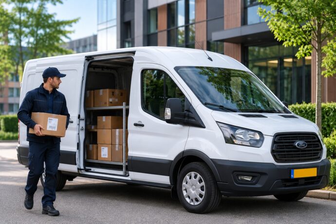 Bezorger met pakketten naast een bedrijfswagen voor zakelijk gebruik