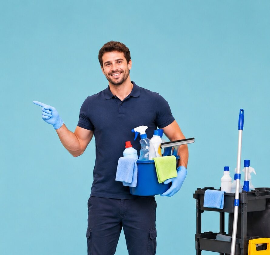 Schoonmaakprofessional met schoonmaakmiddelen en werkwagen voor facilitaire dienstverlening