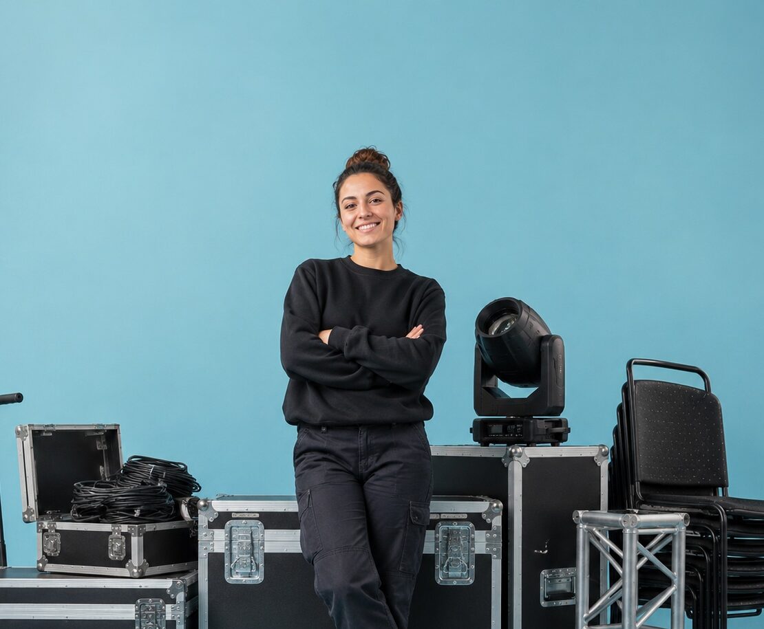 Evenementenprofessional met flightcases, verlichting en verhuurmaterialen voor evenementen en producties