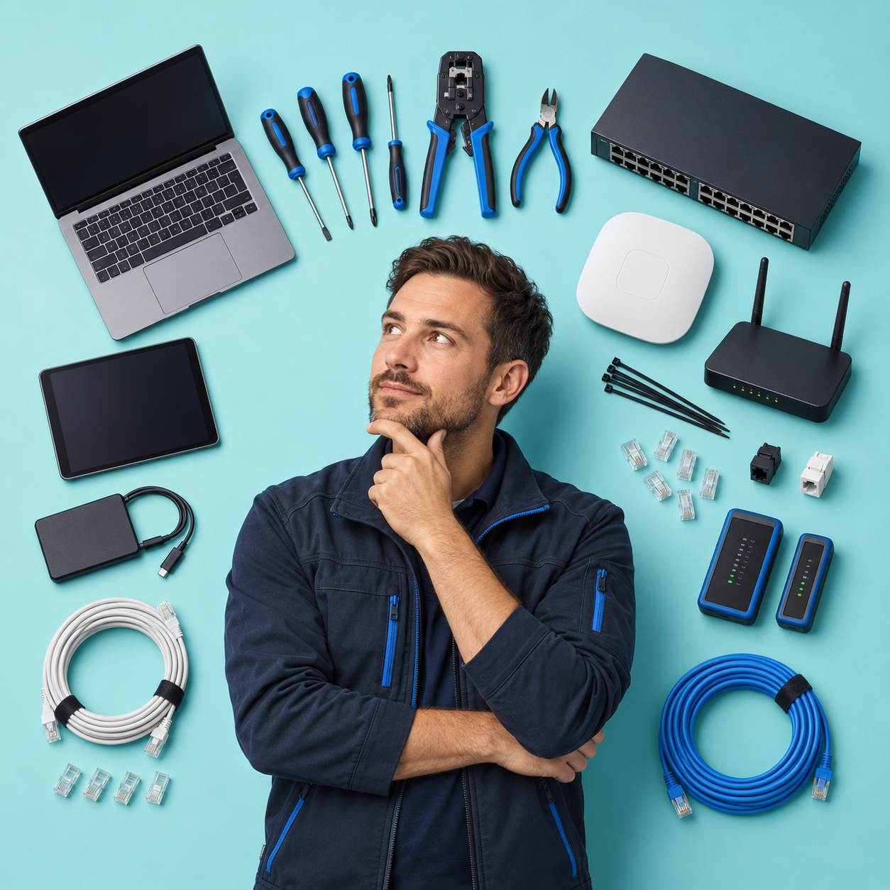 ICT-monteur omringd door laptop, netwerkapparatuur, kabels en gereedschap